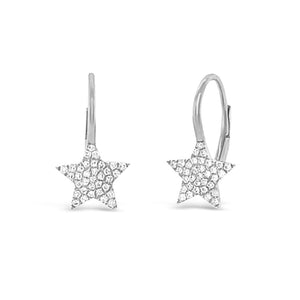 Diamond Star Lever-Back Earrings  -14K gold weighing 1.31 grams  -68 round pave set diamonds totaling 0.18 carats