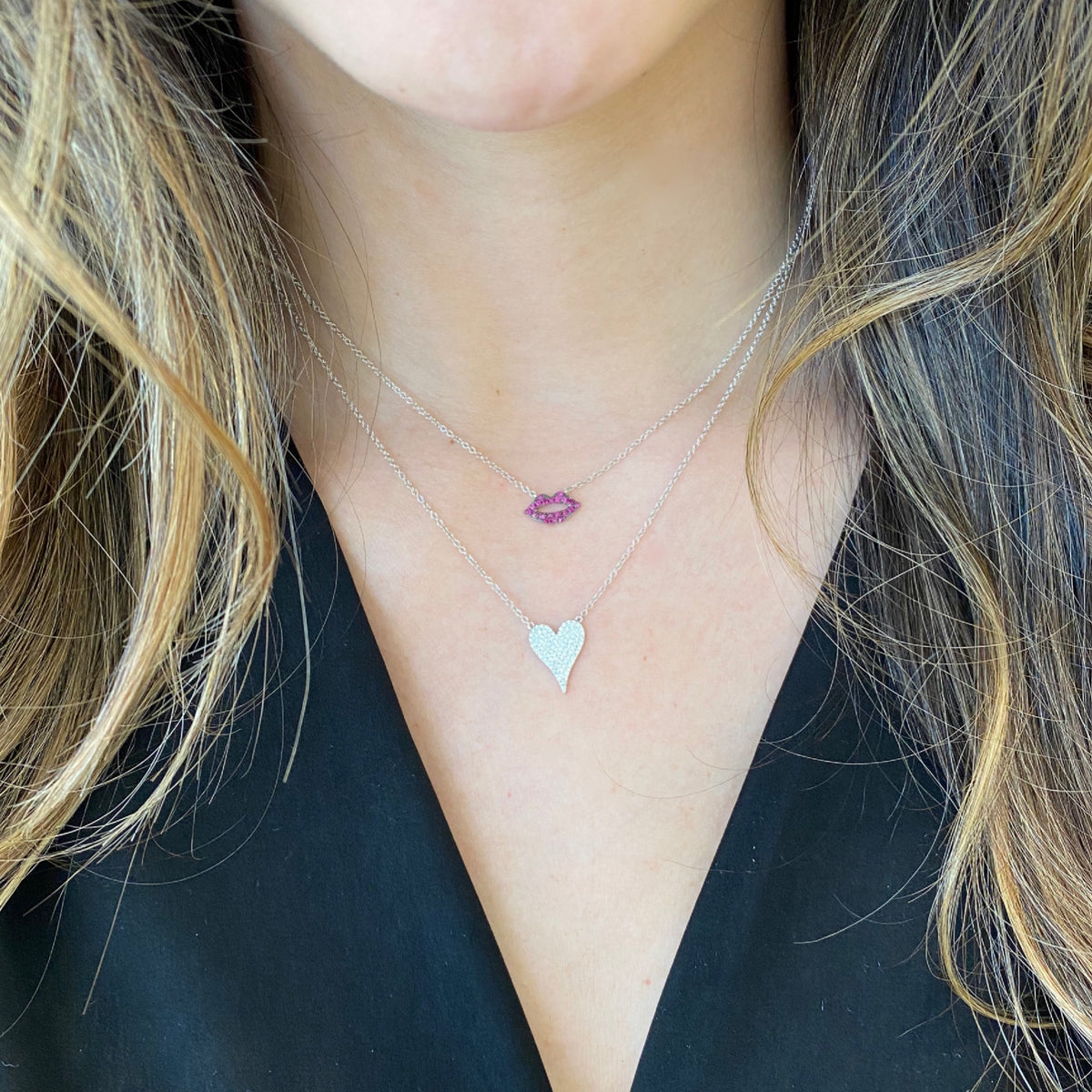 Female Model Wearing Ruby Lips Pendant - 14K gold weighing 1.70 grams - 0.13 ct rubies