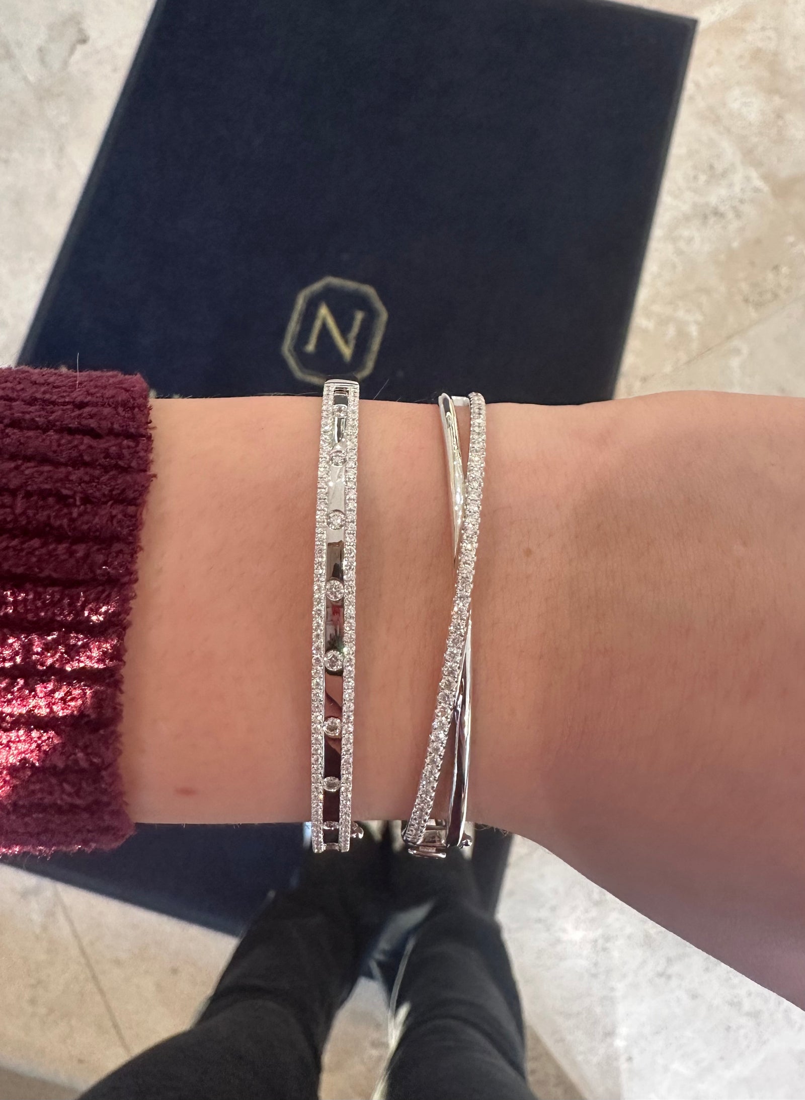 Diamond Slim Crossover Bangle Bracelet - 14K gold weighing 14.62 grams  - 49 round diamonds weighing 0.67 carats