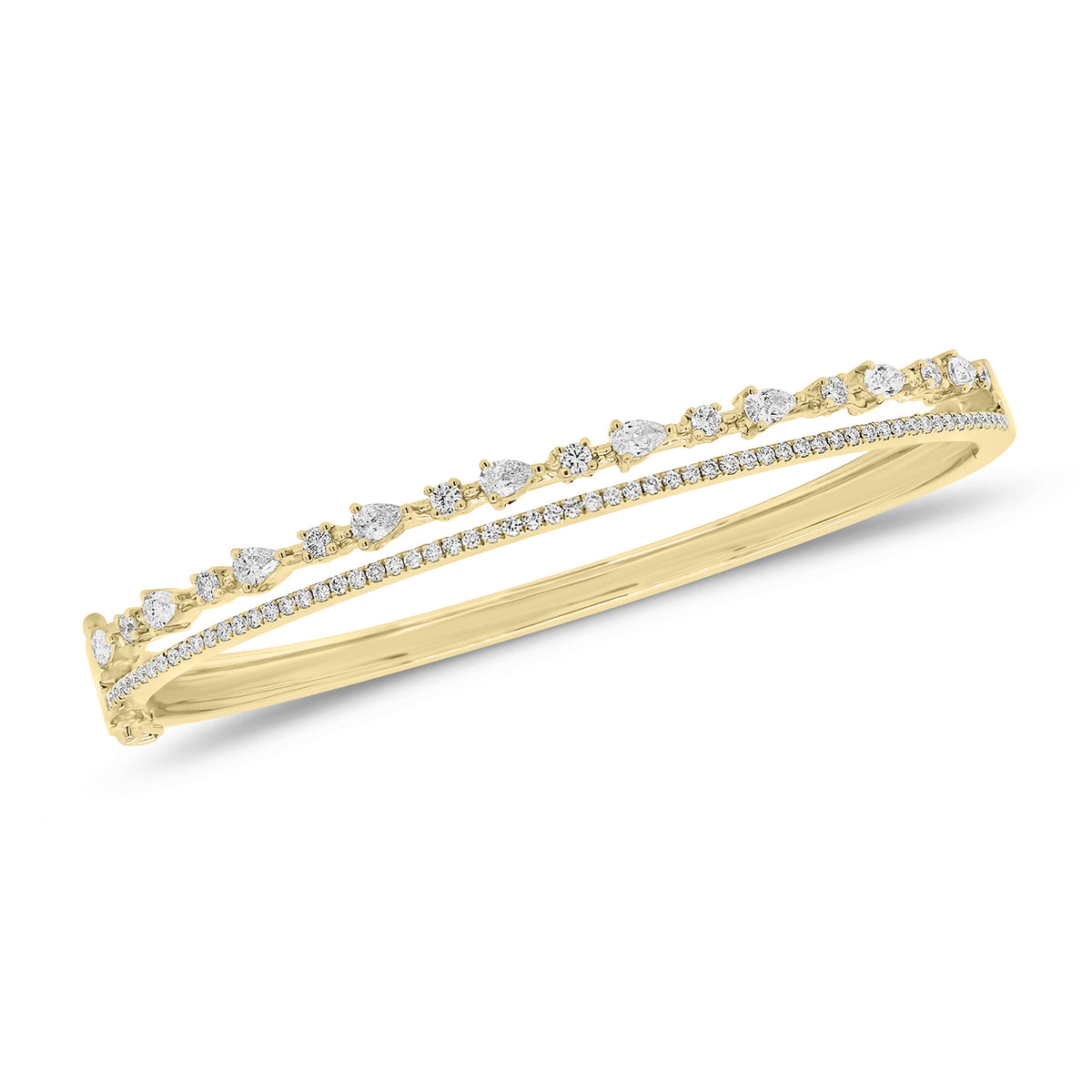 Round & Pear-Shaped Diamond Double-Banded Bangle Bracelet - 14K gold weighing 11.43 grams  - 70 round diamonds weighing 0.50 carats  - 9 pear-shaped diamonds weighing 0.48 carats