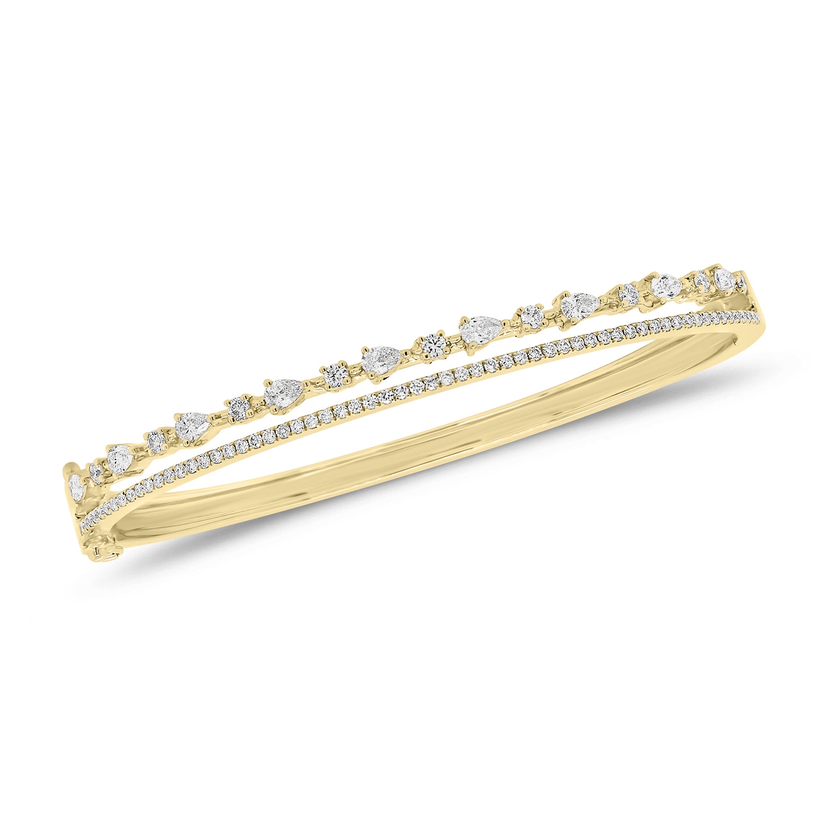 Round & Pear-Shaped Diamond Double-Banded Bangle Bracelet - 14K gold weighing 11.43 grams  - 70 round diamonds weighing 0.50 carats  - 9 pear-shaped diamonds weighing 0.48 carats