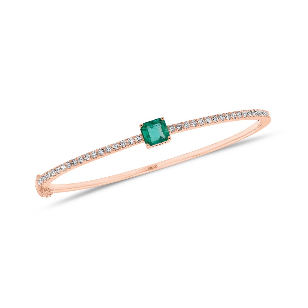 Radiant-Cut Emerald & Diamond Bangle Bracelet - 14K gold weighing 8.67 grams - 38 round diamonds weighing 0.55 carats - 0.74 ct emerald