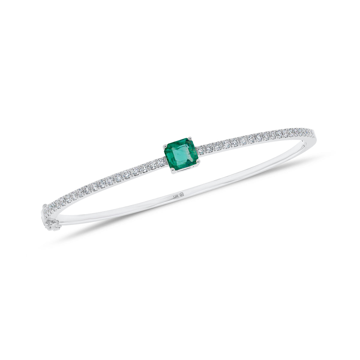 Radiant-Cut Emerald & Diamond Bangle Bracelet - 14K gold weighing 8.67 grams - 38 round diamonds weighing 0.55 carats - 0.74 ct emerald