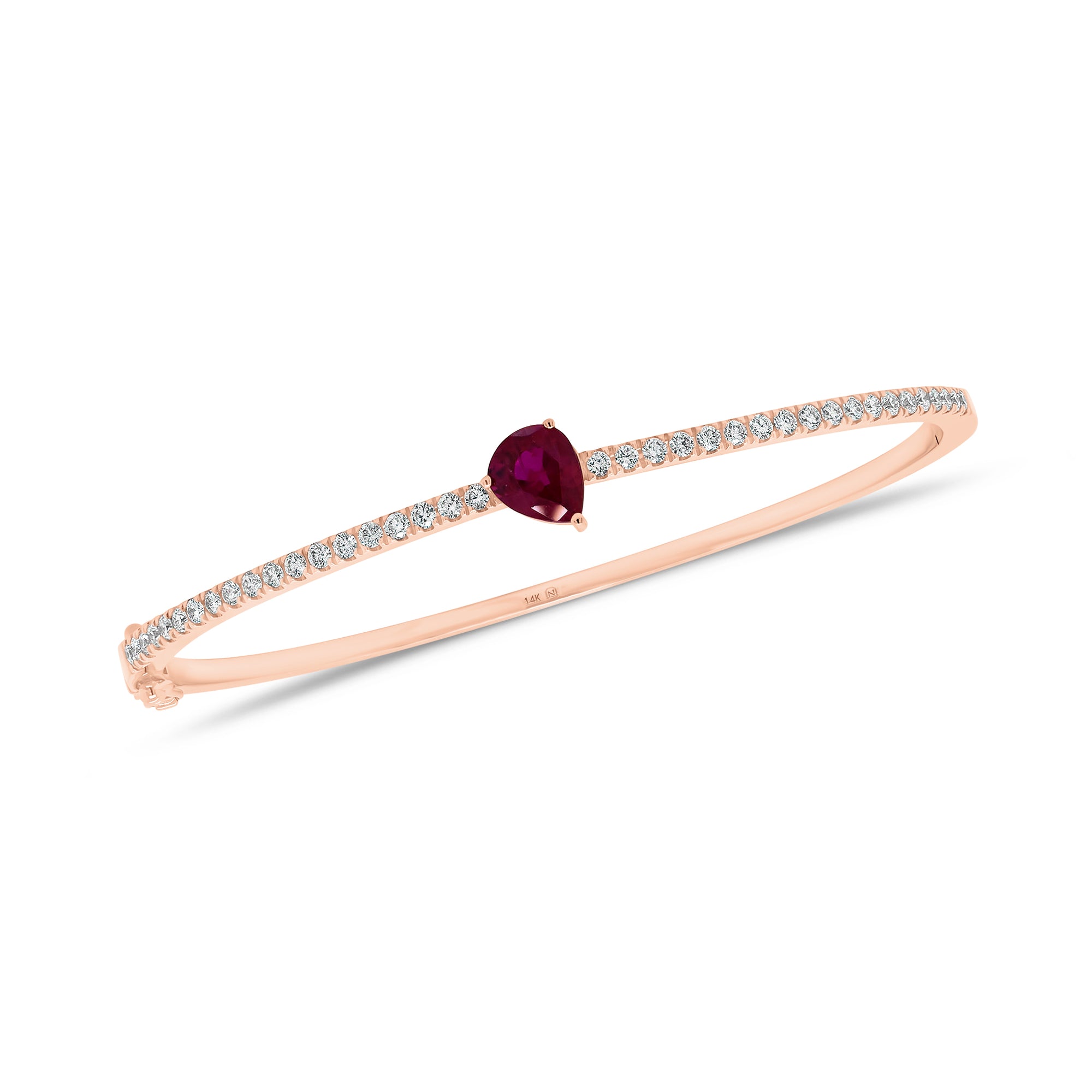 Pear-Shaped Ruby & Diamond Bangle Bracelet - 14K gold weighing 9.09 grams  - 38 round diamonds weighing 0.54 carats  - 1.04 ct ruby