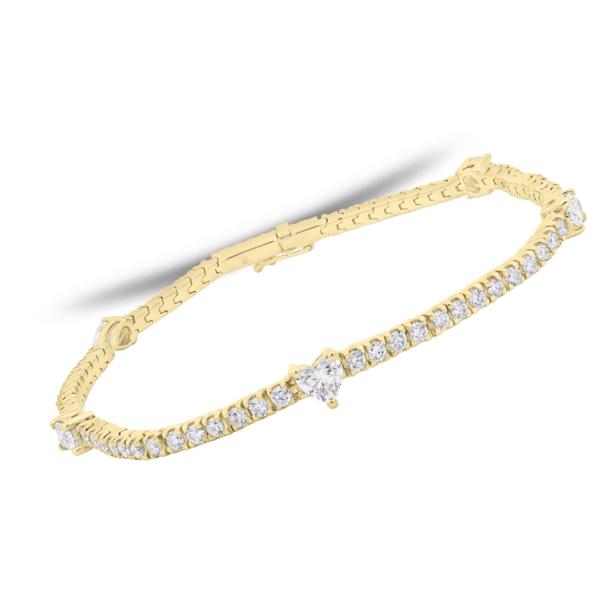 Diamond tennis bracelet with mixed shapes - 14K gold weighing 8.70 grams
- 74 round diamonds weighing 1.58 carats
- 5 mixed shape diamonds weighing 1.08 carats 
