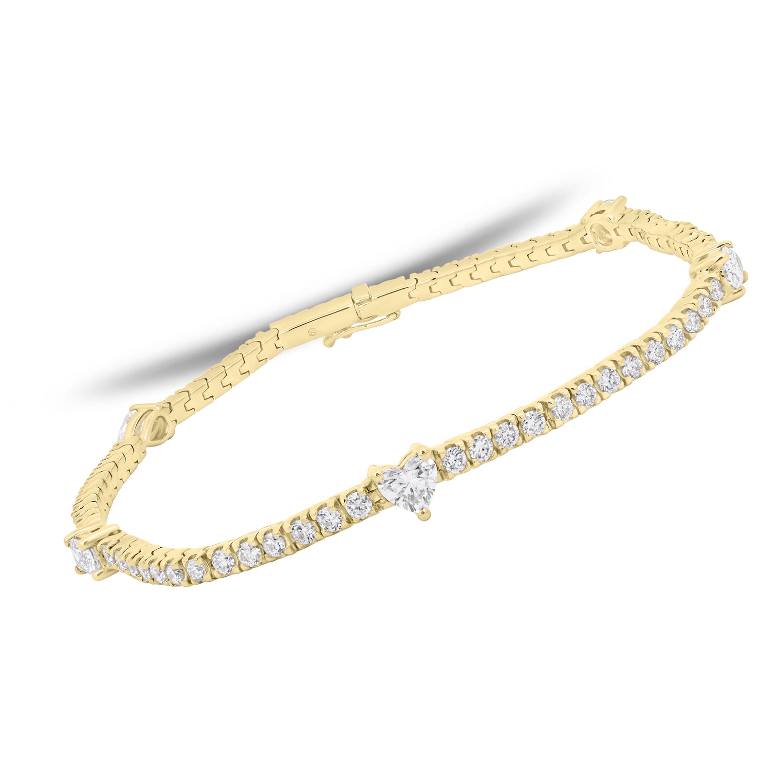 Diamond tennis bracelet with mixed shapes - 14K gold weighing 8.70 grams
- 74 round diamonds weighing 1.58 carats
- 5 mixed shape diamonds weighing 1.08 carats 