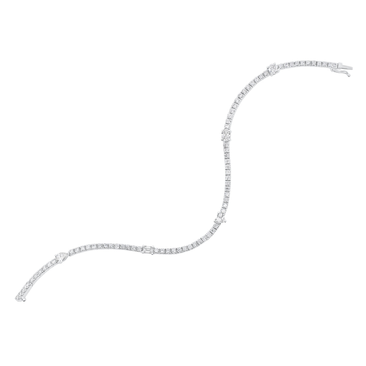 Diamond tennis bracelet with mixed shapes - 14K gold weighing 8.70 grams
- 74 round diamonds weighing 1.58 carats
- 5 mixed shape diamonds weighing 1.08 carats 