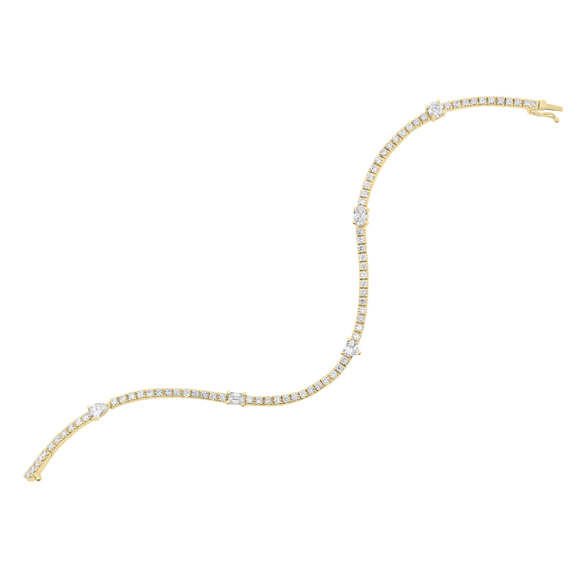 Diamond tennis bracelet with mixed shapes - 14K gold weighing 8.70 grams
- 74 round diamonds weighing 1.58 carats
- 5 mixed shape diamonds weighing 1.08 carats 