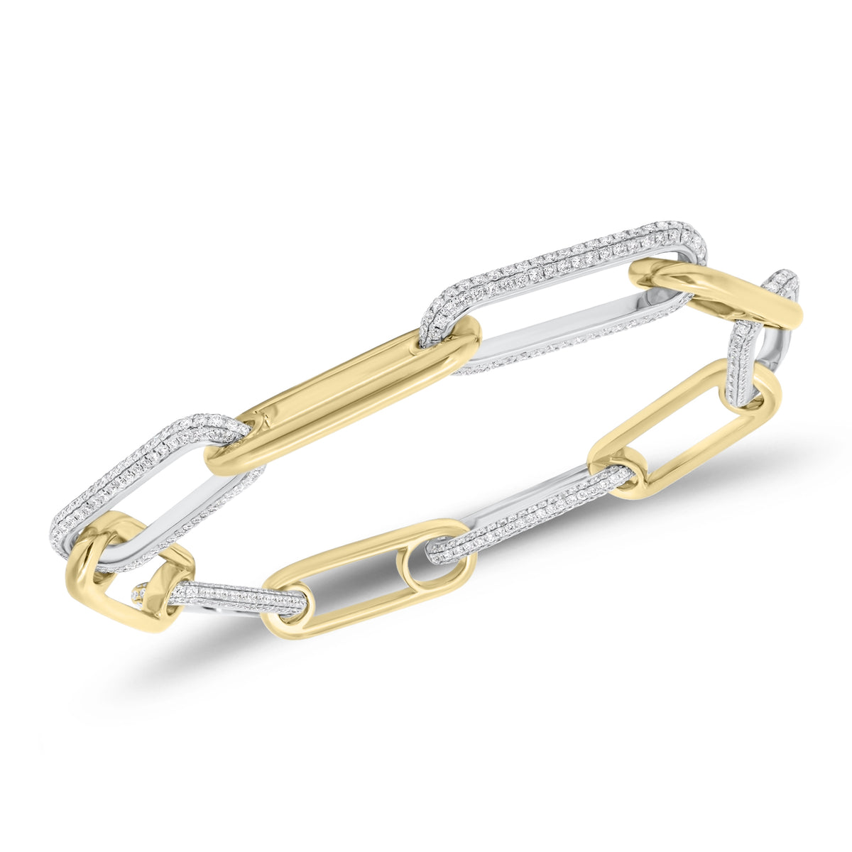 Two-Tone Gold & Paperclip Chain Bracelet - 18K gold weighing 27.01 grams  - 679 round diamonds weighing 3.34 carats
