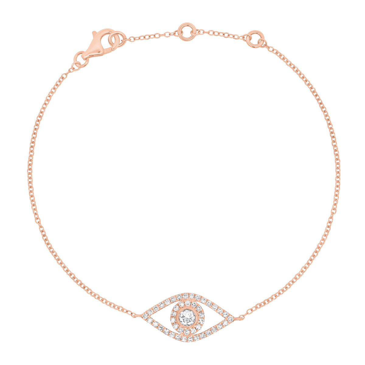 Diamond open evil eye fashion bracelet - 14K gold weighing 1.54 grams
- 0.11 ct round diamond
- 44 round diamonds weighing 0.21 carats
