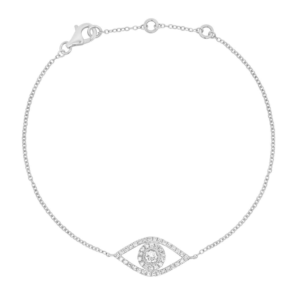 Diamond open evil eye fashion bracelet - 14K gold weighing 1.54 grams
- 0.11 ct round diamond
- 44 round diamonds weighing 0.21 carats