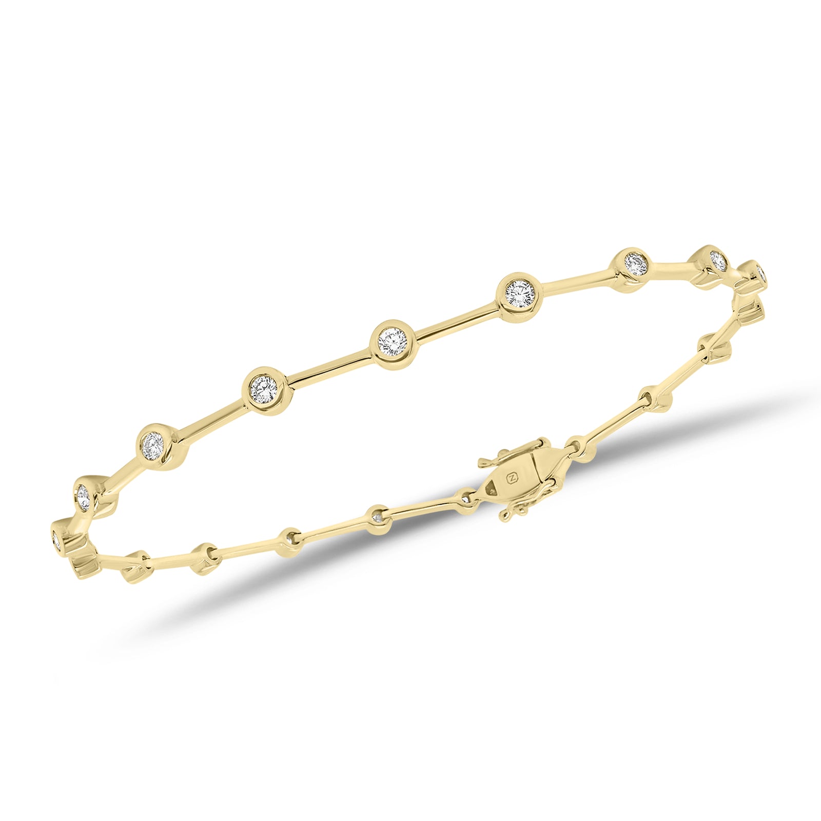 Bezel-set diamond bar bracelet- 14K gold weighing 5.56 grams  - 19 round diamonds weighing 0.44 carats