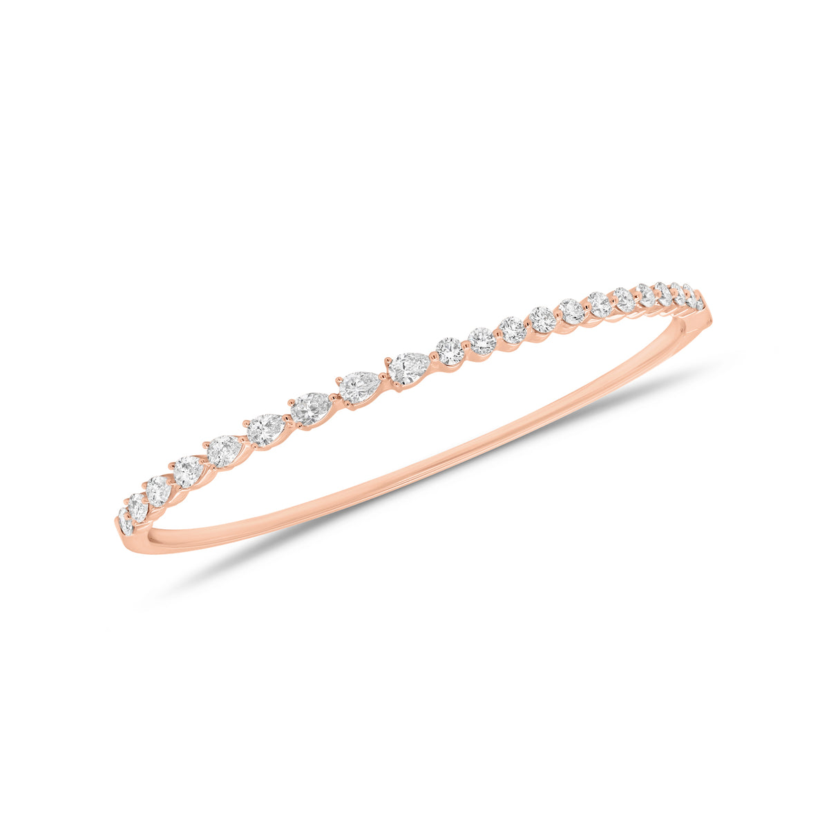 Round & Pear-Shaped Diamond Bangle Bracelet - 18K gold weighing 11.06 grams - 12 round diamonds weighing 0.68 carats - 9 pear-shaped diamonds weighing 0.96 carats