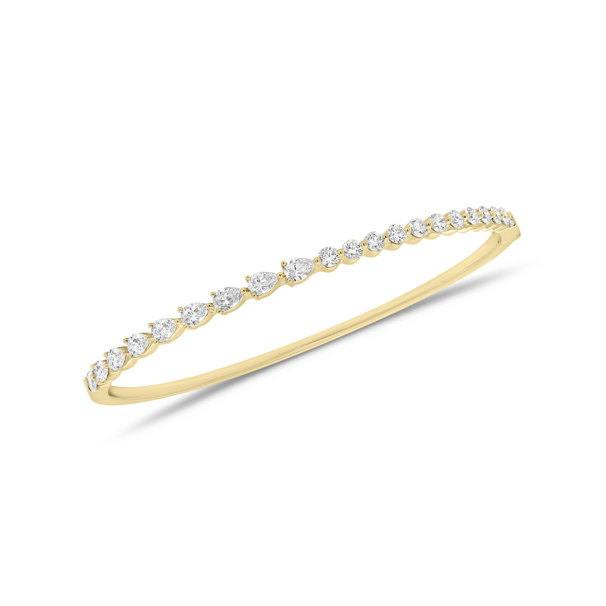 Round & Pear-Shaped Diamond Bangle Bracelet - 18K gold weighing 11.06 grams - 12 round diamonds weighing 0.68 carats - 9 pear-shaped diamonds weighing 0.96 carats
