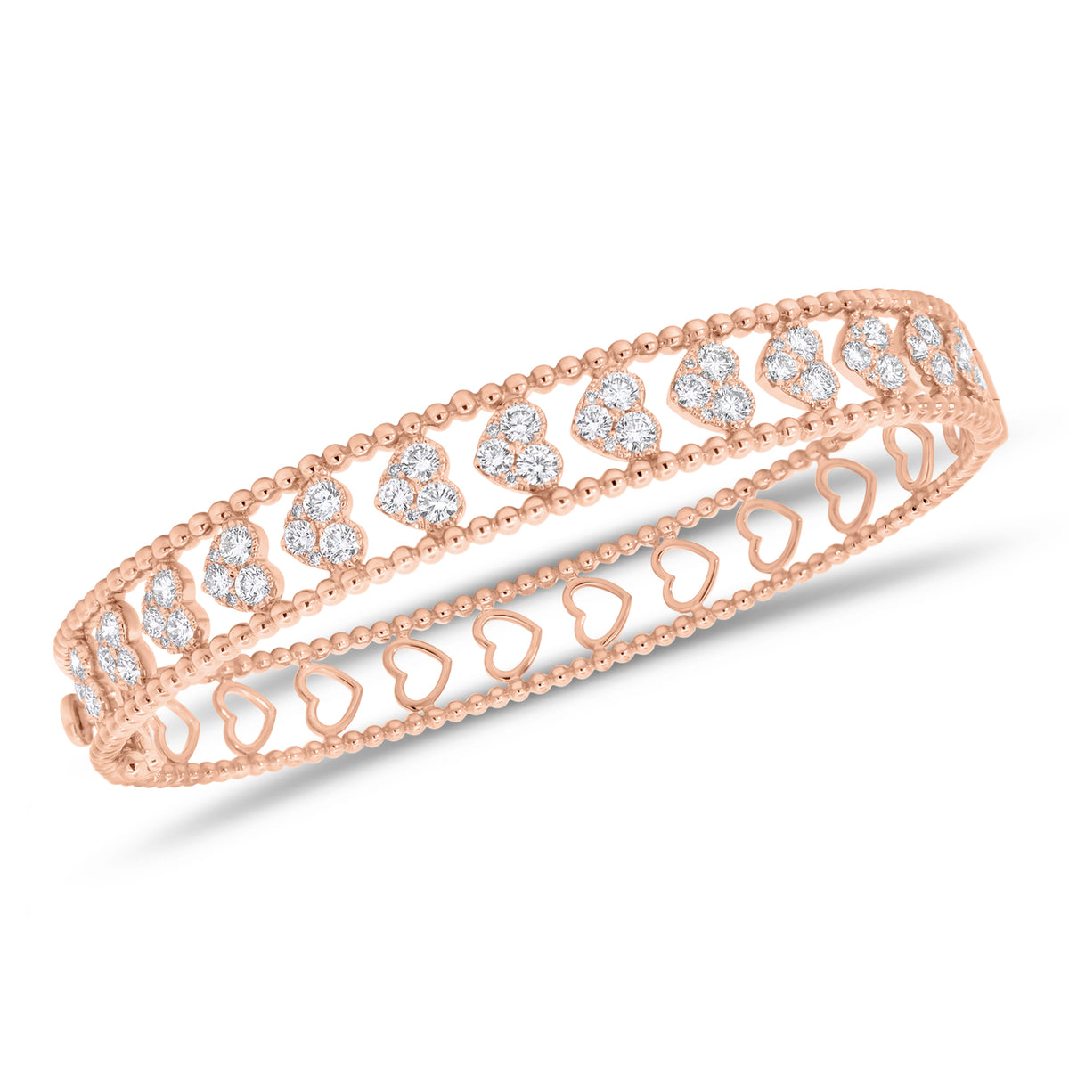 Diamond multi-heart bangle with beaded gold frame - 18K gold weighing 17.80 grams  - 65 round diamonds weighing 2.06 carats