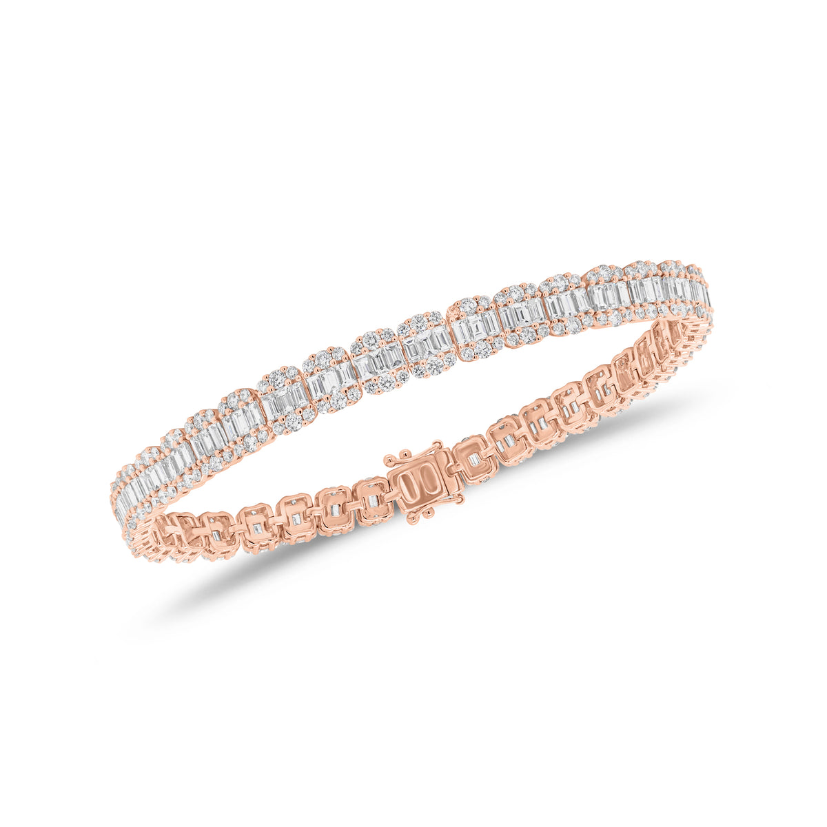 Round & Baguette Diamond Illusion Tennis Bracelet - 18K gold weighing 16.99 grams - 225 round diamonds weighing 2.87 carats - 112 straight baguettes weighing 4.08 carats