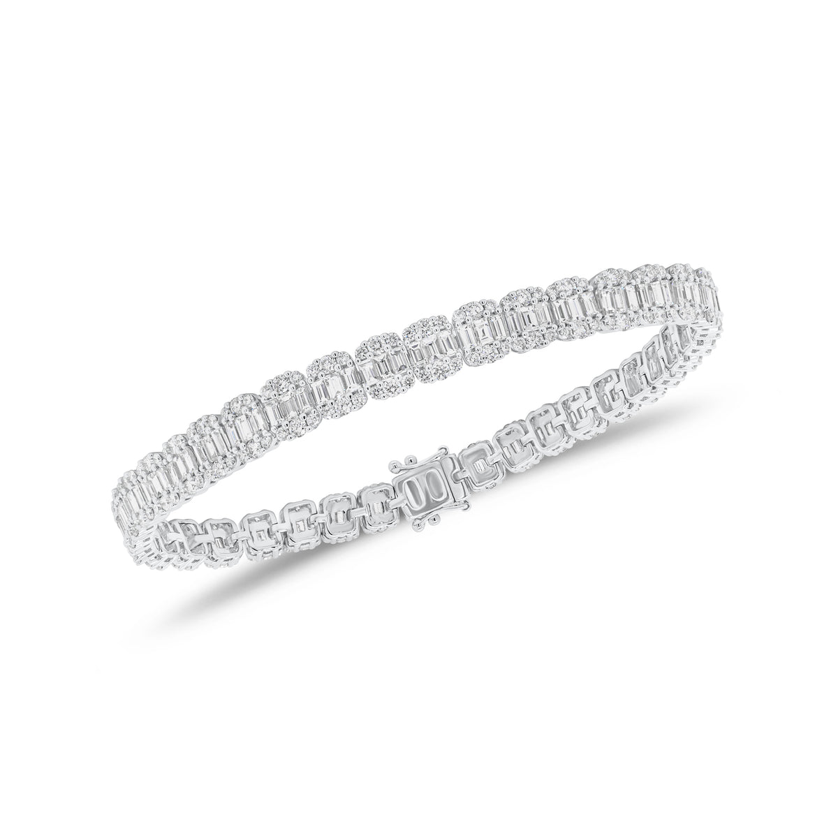 Round & Baguette Diamond Illusion Tennis Bracelet - 18K gold weighing 16.99 grams  - 225 round diamonds weighing 2.87 carats  - 112 straight baguettes weighing 4.08 carats