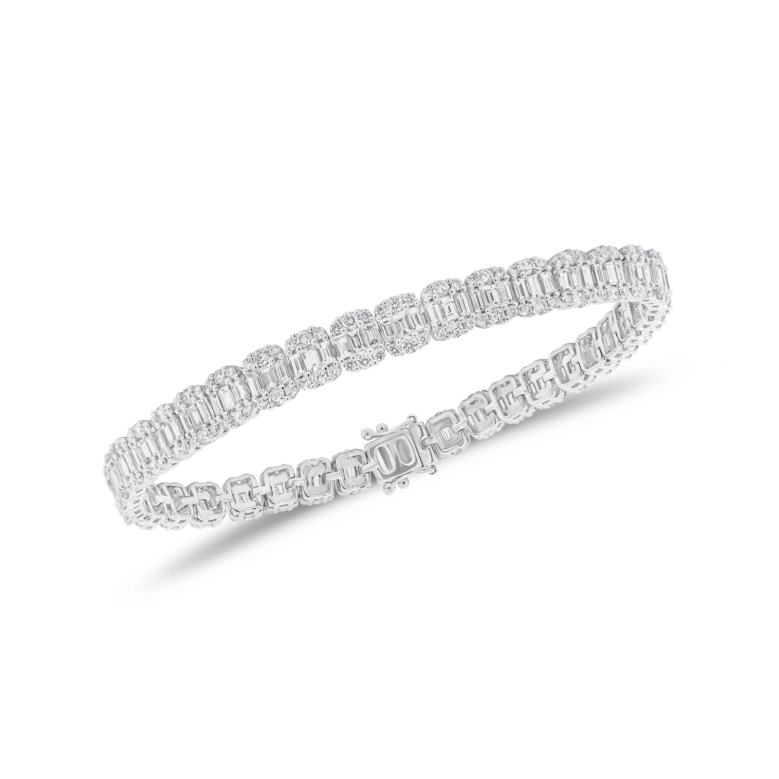Round & Baguette Diamond Illusion Tennis Bracelet - 18K gold weighing 16.99 grams  - 225 round diamonds weighing 2.87 carats  - 112 straight baguettes weighing 4.08 carats