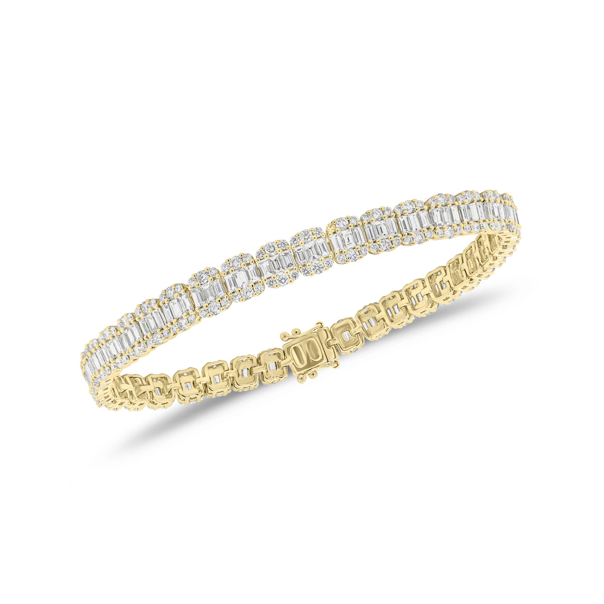 Round & Baguette Diamond Illusion Tennis Bracelet - 18K gold weighing 16.99 grams - 225 round diamonds weighing 2.87 carats - 112 straight baguettes weighing 4.08 carats