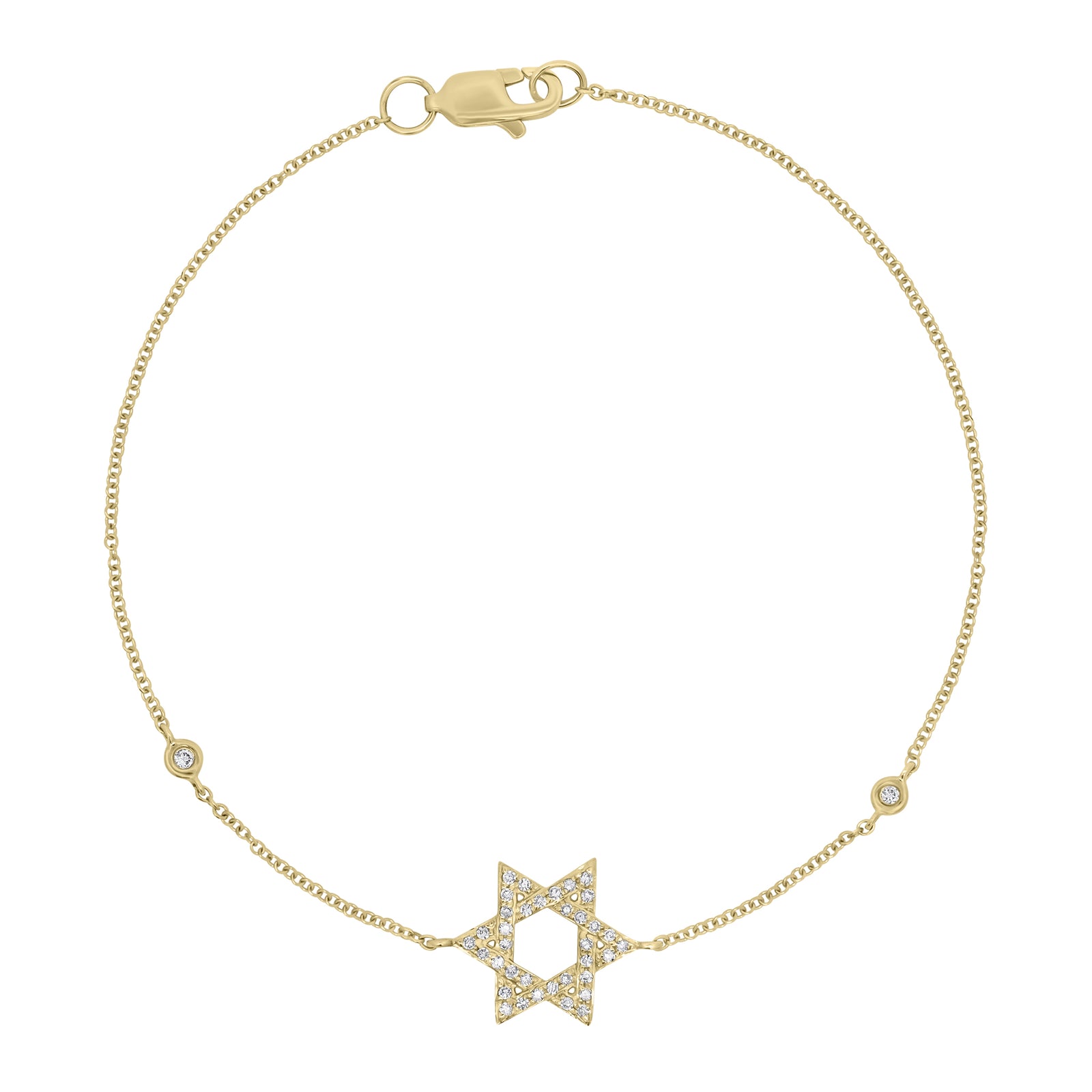 Diamond star of david bracelet with diamond bezels - 14K gold weighing 1.39 grams
- 38 round diamonds weighing 0.13 carats