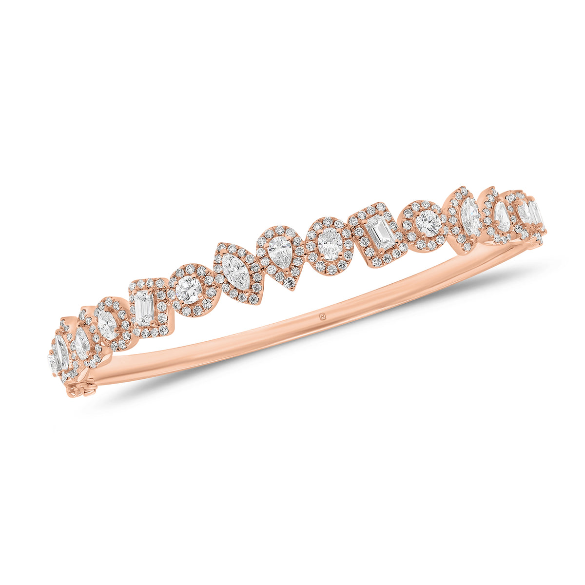 Mixed Shape Halo Diamond Bangle Bracelet - 14K gold weighing 13.30 gram - 15 mixed shape diamonds weighing 1.63 carats - 192 round diamonds weighing 0.88 carats