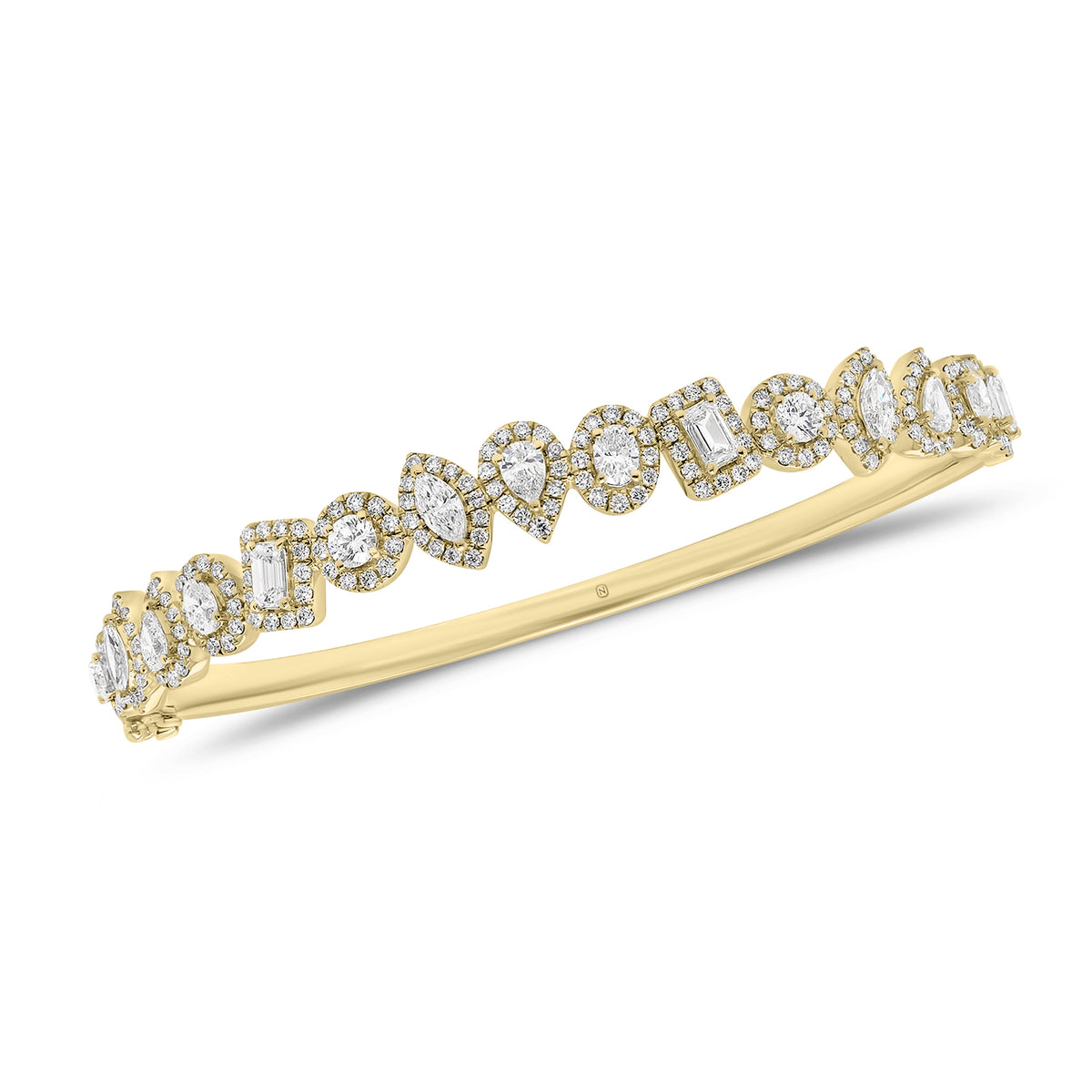 Mixed Shape Halo Diamond Bangle Bracelet - 14K gold weighing 13.30 gram - 15 mixed shape diamonds weighing 1.63 carats - 192 round diamonds weighing 0.88 carats