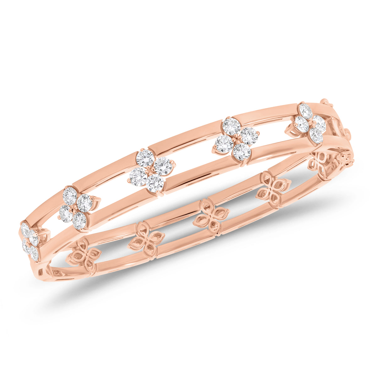 Diamond Flower & Banded Gold Bangle Bracelet -14K gold weighing 21.57 grams - 20 round diamonds weighing 1.90 carats