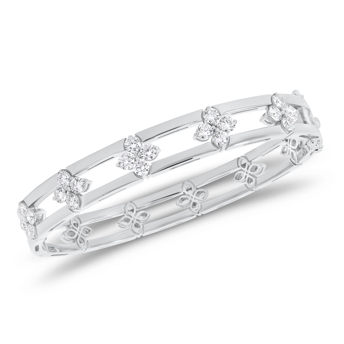 Diamond Flower & Banded Gold Bangle Bracelet -14K gold weighing 21.57 grams - 20 round diamonds weighing 1.90 carats