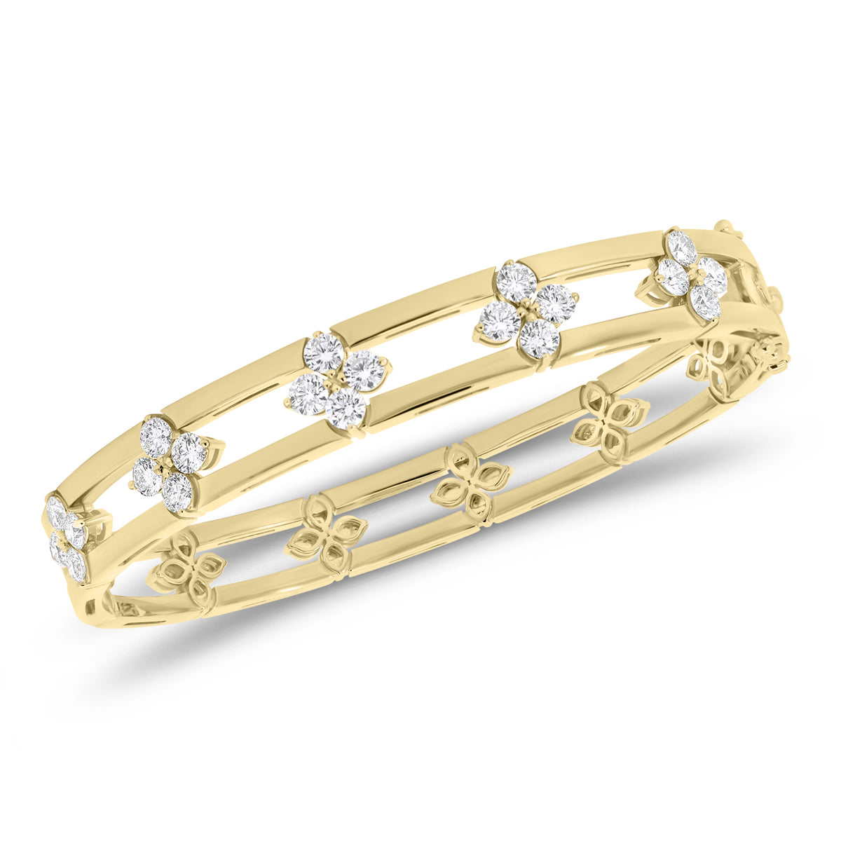 Diamond Flower & Banded Gold Bangle Bracelet -14K gold weighing 21.57 grams  - 20 round diamonds weighing 1.90 carats 