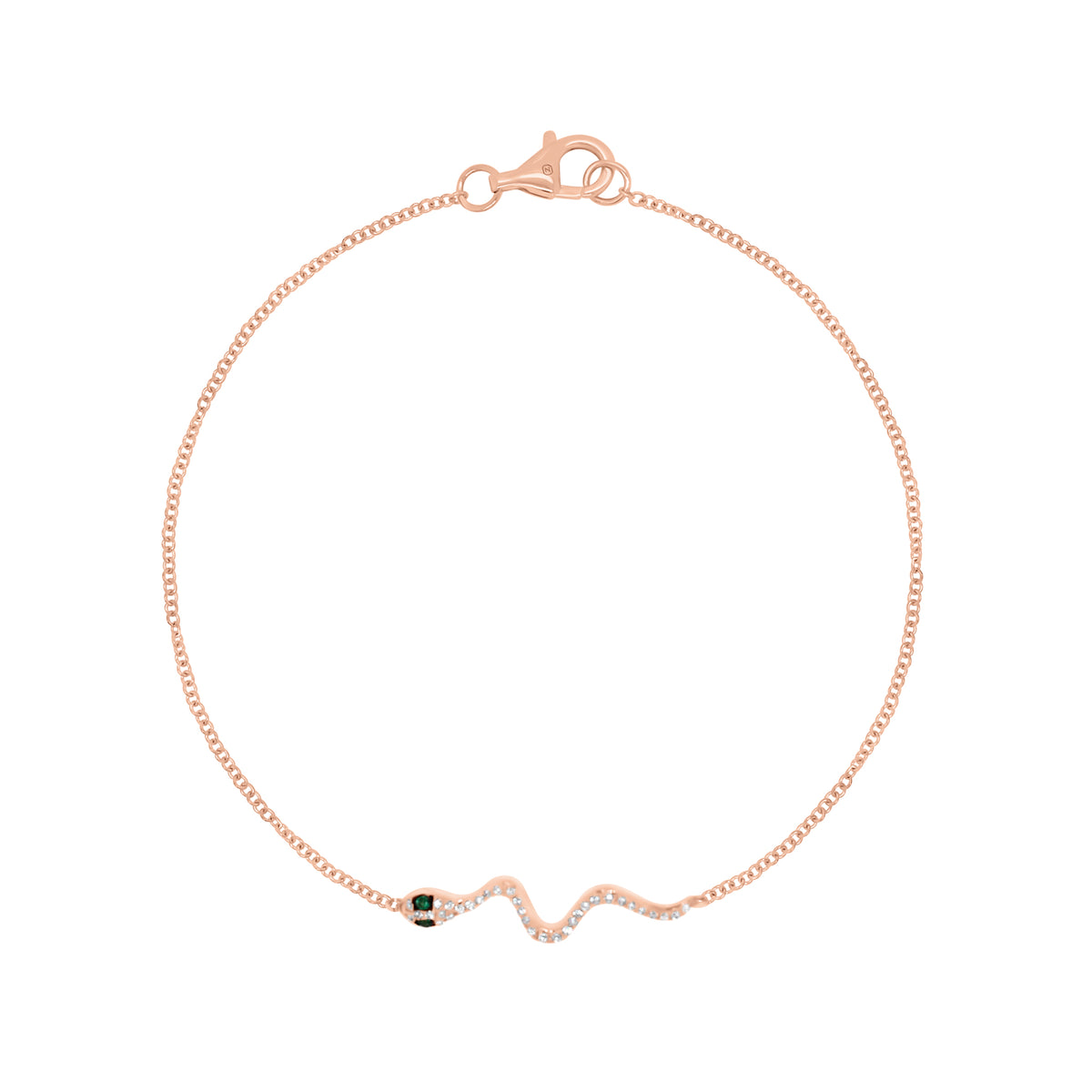 Emerald & Diamond Snake Fashion Bracelet - 14K gold weighing 1.37 grams - 35 round diamonds weighing 0.09 carats - 2 emeralds weighing 0.02 carats