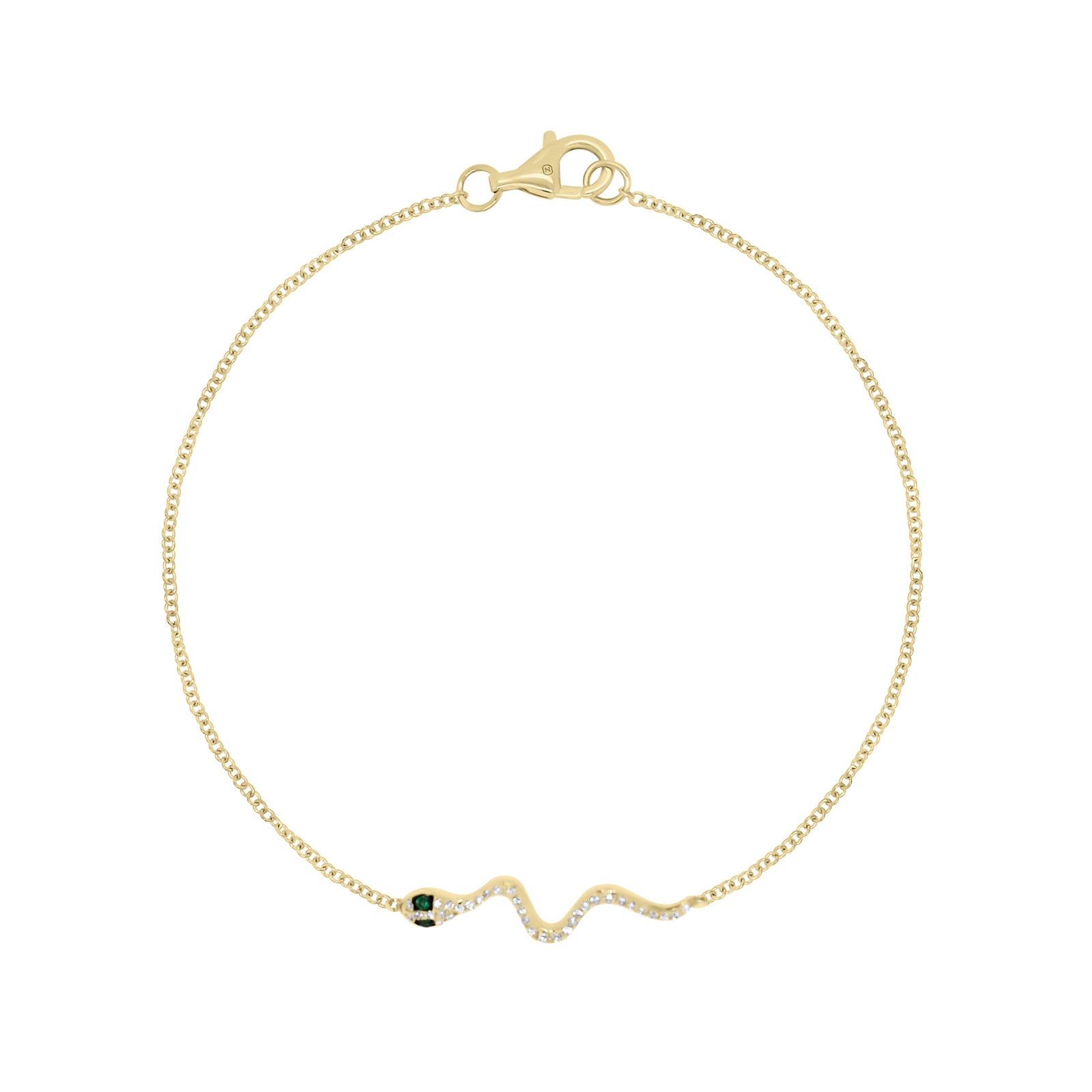 Emerald & Diamond Snake Fashion Bracelet - 14K gold weighing 1.37 grams  - 35 round diamonds weighing 0.09 carats  - 2 emeralds weighing 0.02 carats