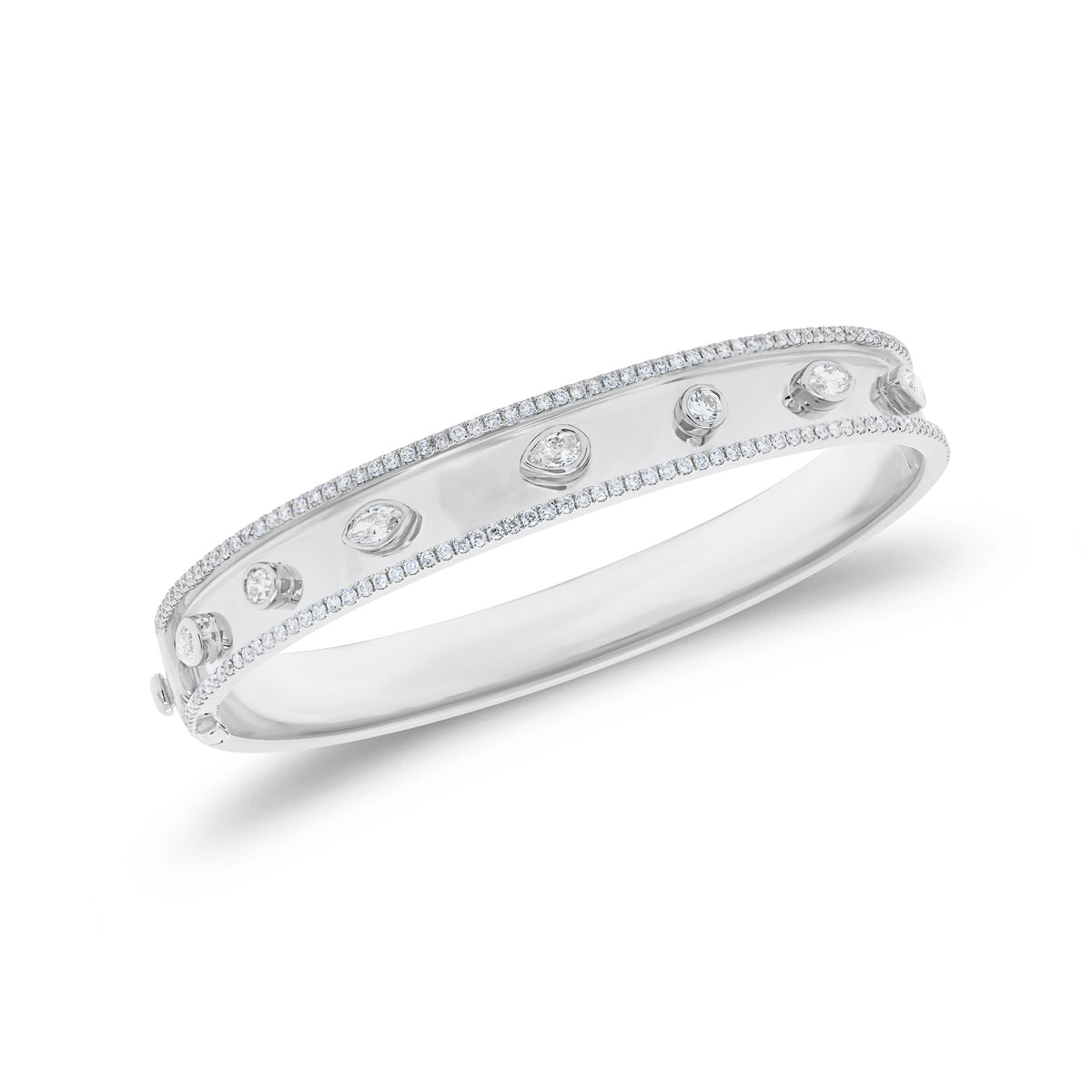 Bezel-Set Diamond Shapes Bangle Bracelet - 18K gold weighing 22.57 grams  - 142 round diamonds weighing 0.86 carats  - 2 marquise-shaped diamonds weighing 0.23 carats  - 3 pear-shaped diamonds weighing 0.32 carats