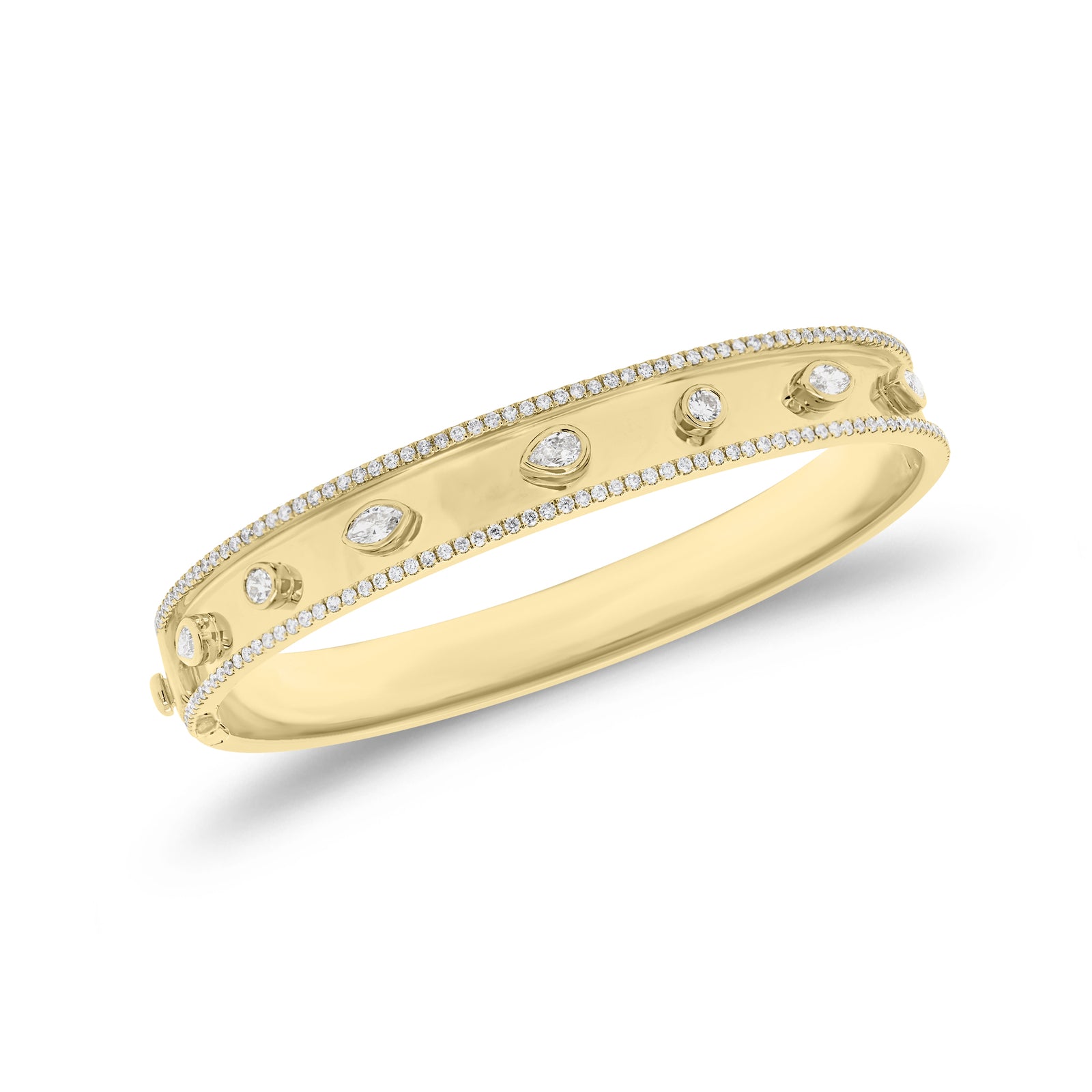 Bezel-Set Diamond Shapes Bangle Bracelet - 18K gold weighing 22.57 grams  - 142 round diamonds weighing 0.86 carats  - 2 marquise-shaped diamonds weighing 0.23 carats  - 3 pear-shaped diamonds weighing 0.32 carats