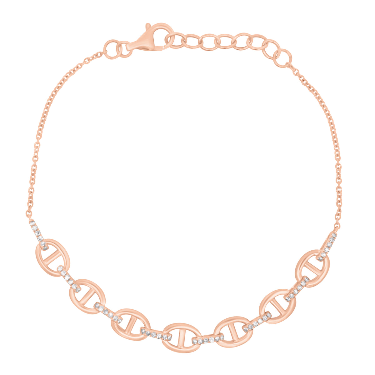 Gold tri-link bracelet with diamond accents - 14K gold weighing 4.02 grams
- 48 round diamonds weighing 0.18 carats