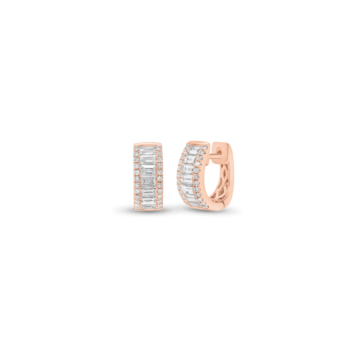 Round & Baguette Diamond Huggie Earrings - 18K gold weighing 5.29 grams  - 48 round diamonds weighing 0.25 carats  - 14 straight baguettes weighing 0.82 carats