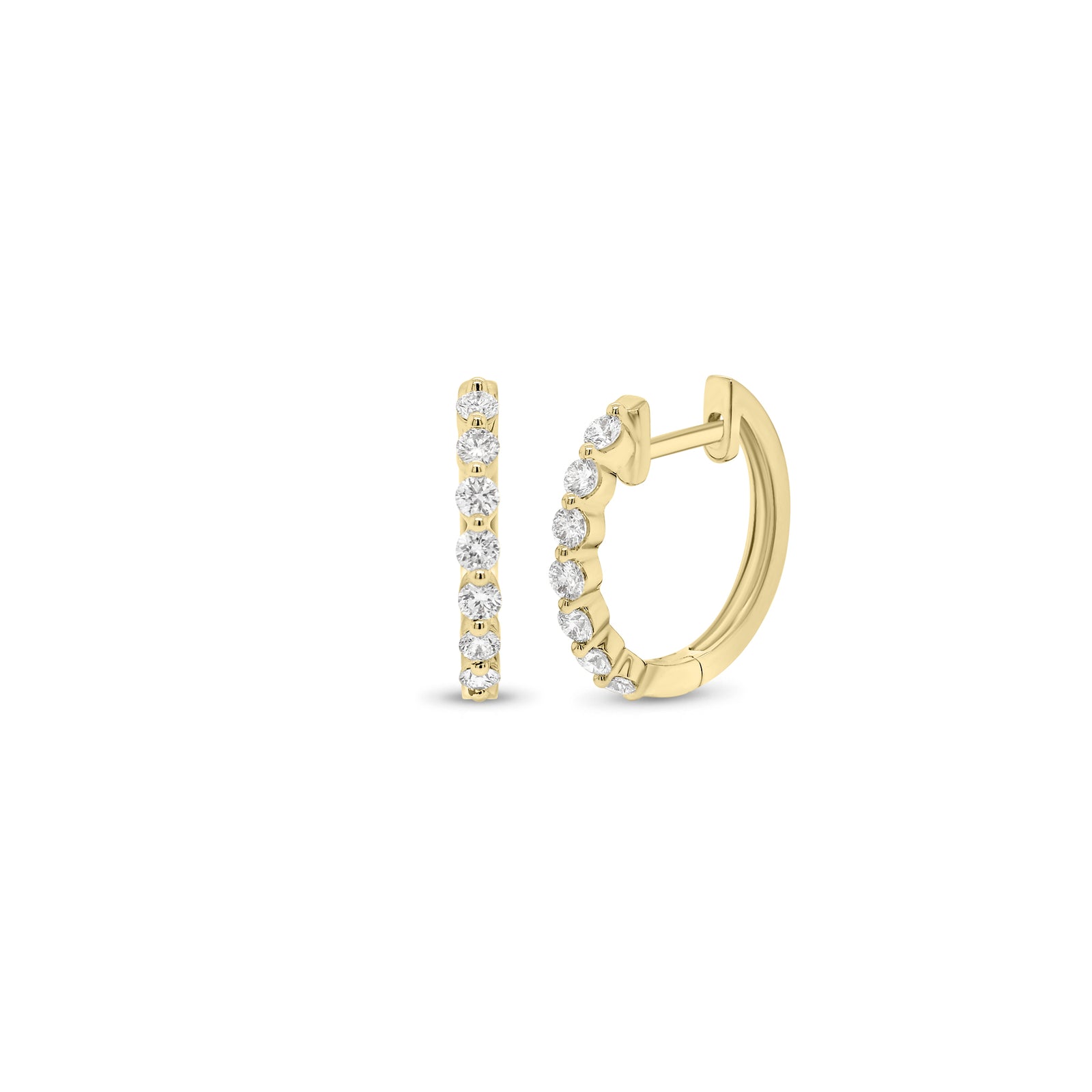 Prong-Set Diamond Huggie Earrings - 18K gold weighing 2.10 grams  - 14 round diamonds weighing 0.36 carats