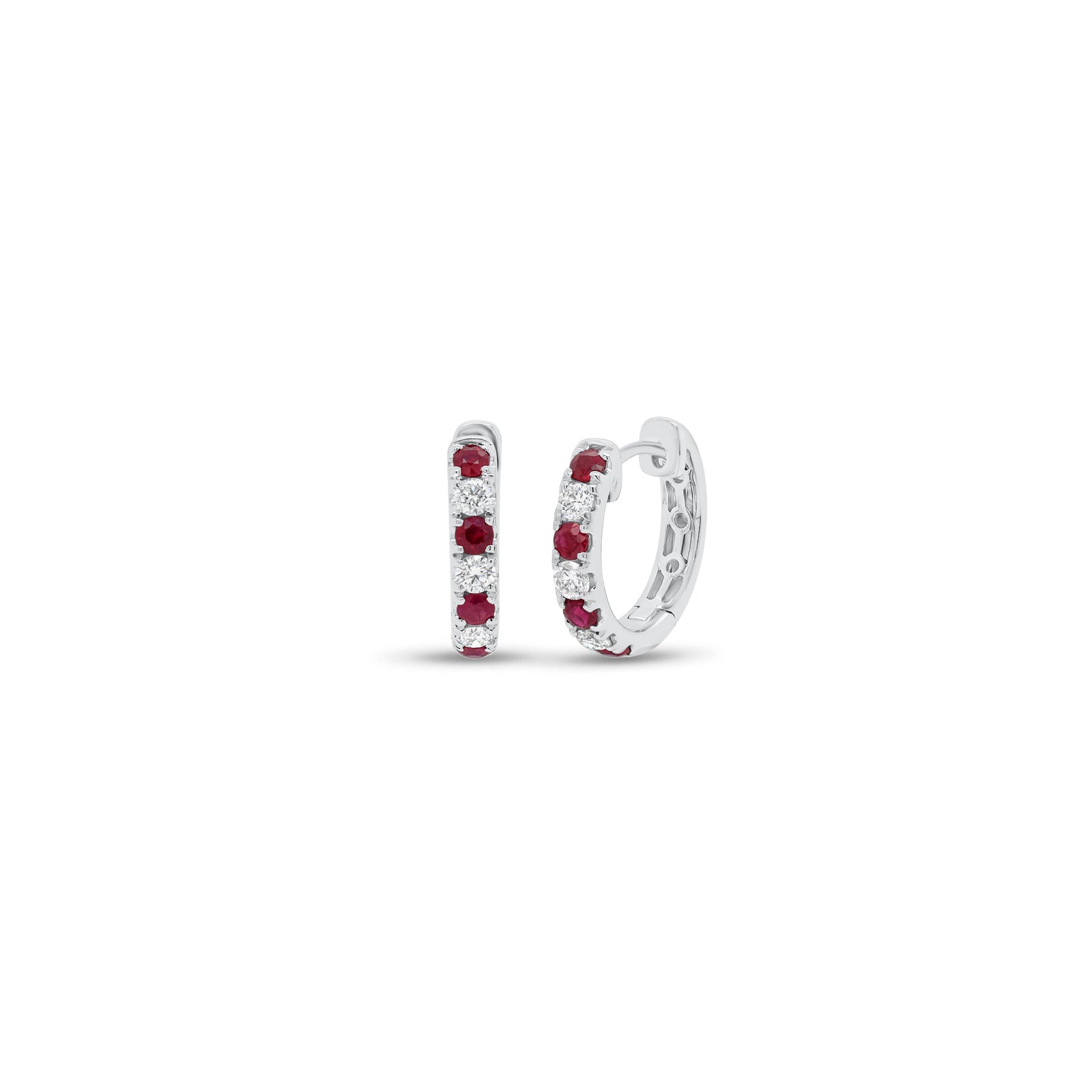 Ruby & Diamond Huggie Earrings - 18K gold weighing 3.09 grams  - 6 round diamonds weighing 0.28 carats  - 8 rubies weighing 0.46 carats