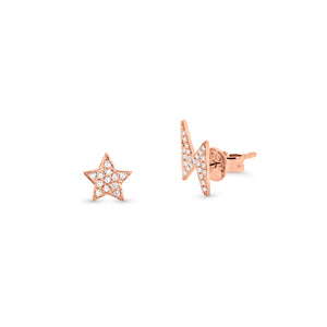 Diamond Lightning Bolt & Star Stud Earrings - 14K gold weighing 1.04 grams  - 35 round diamonds weighing 0.09 carats