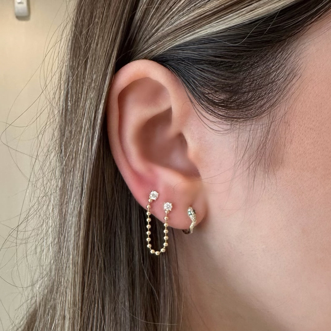 Diamond & Gold Ball Chain Double Stud Earring - 14K gold weighing 1.24 grams  - 2 round diamonds weighing 0.22 carats