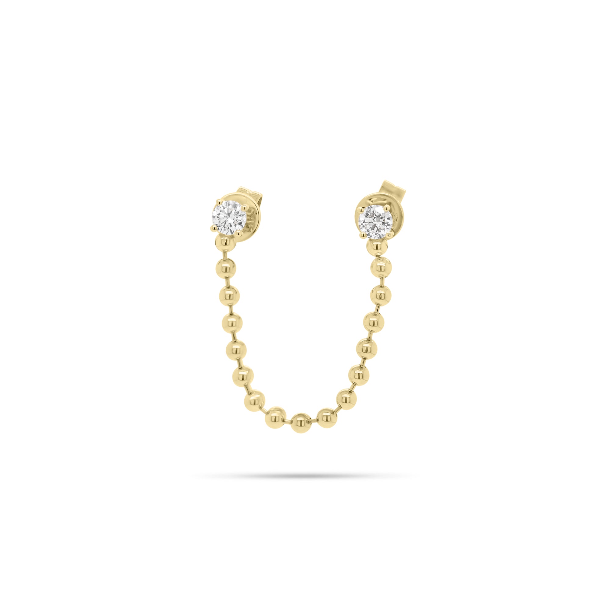 Diamond & Gold Ball Chain Double Stud Earring - 14K gold weighing 1.24 grams  - 2 round diamonds weighing 0.22 carats