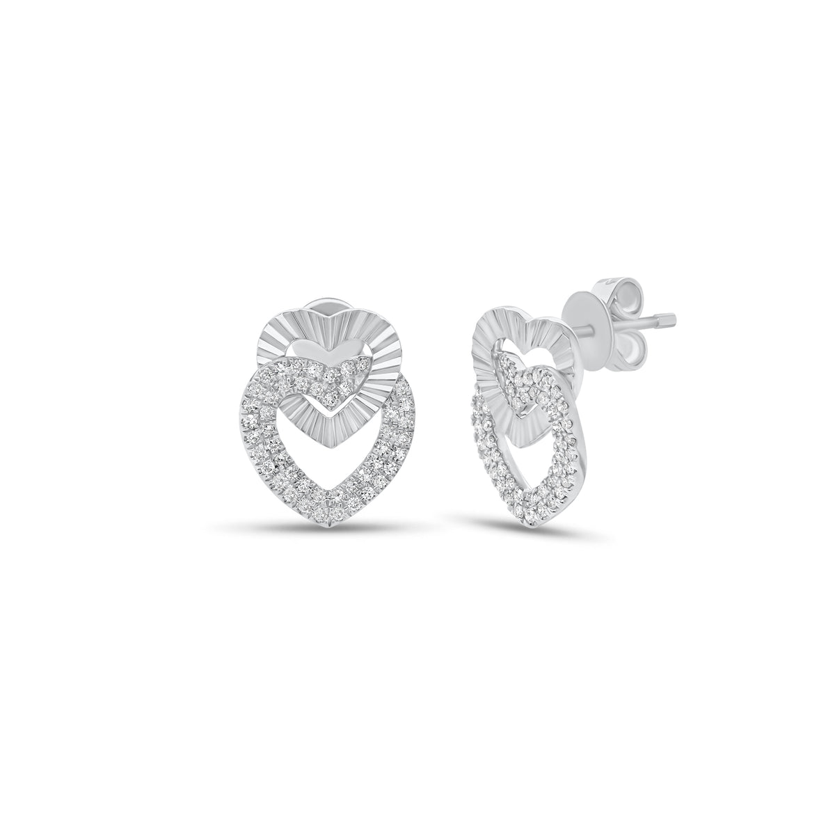 Diamond & Pleated Gold Interlocking Heart Stud Earrings - 14K gold weighing 2.56 grams - 94 round diamonds weighing 0.23 carats