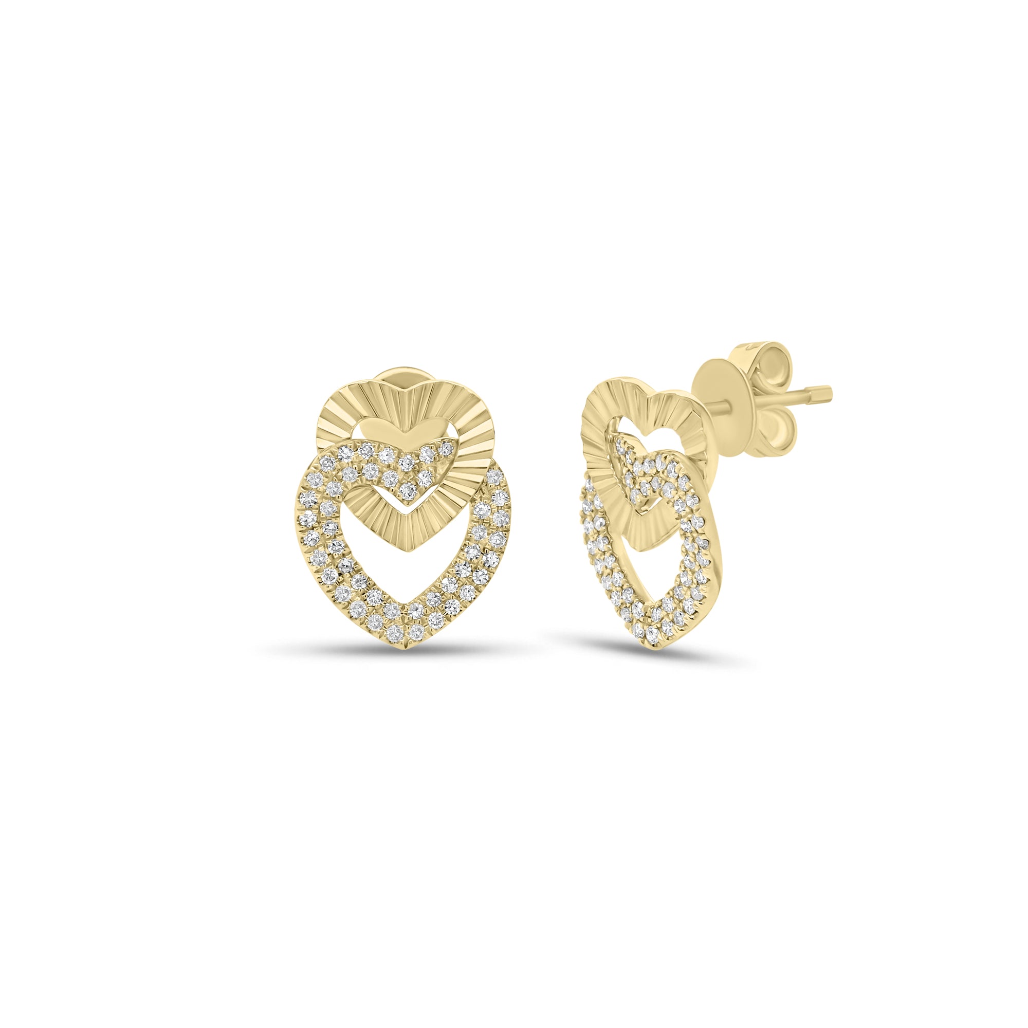 Diamond & Pleated Gold Interlocking Heart Stud Earrings - 14K gold weighing 2.56 grams  - 94 round diamonds weighing 0.23 carats