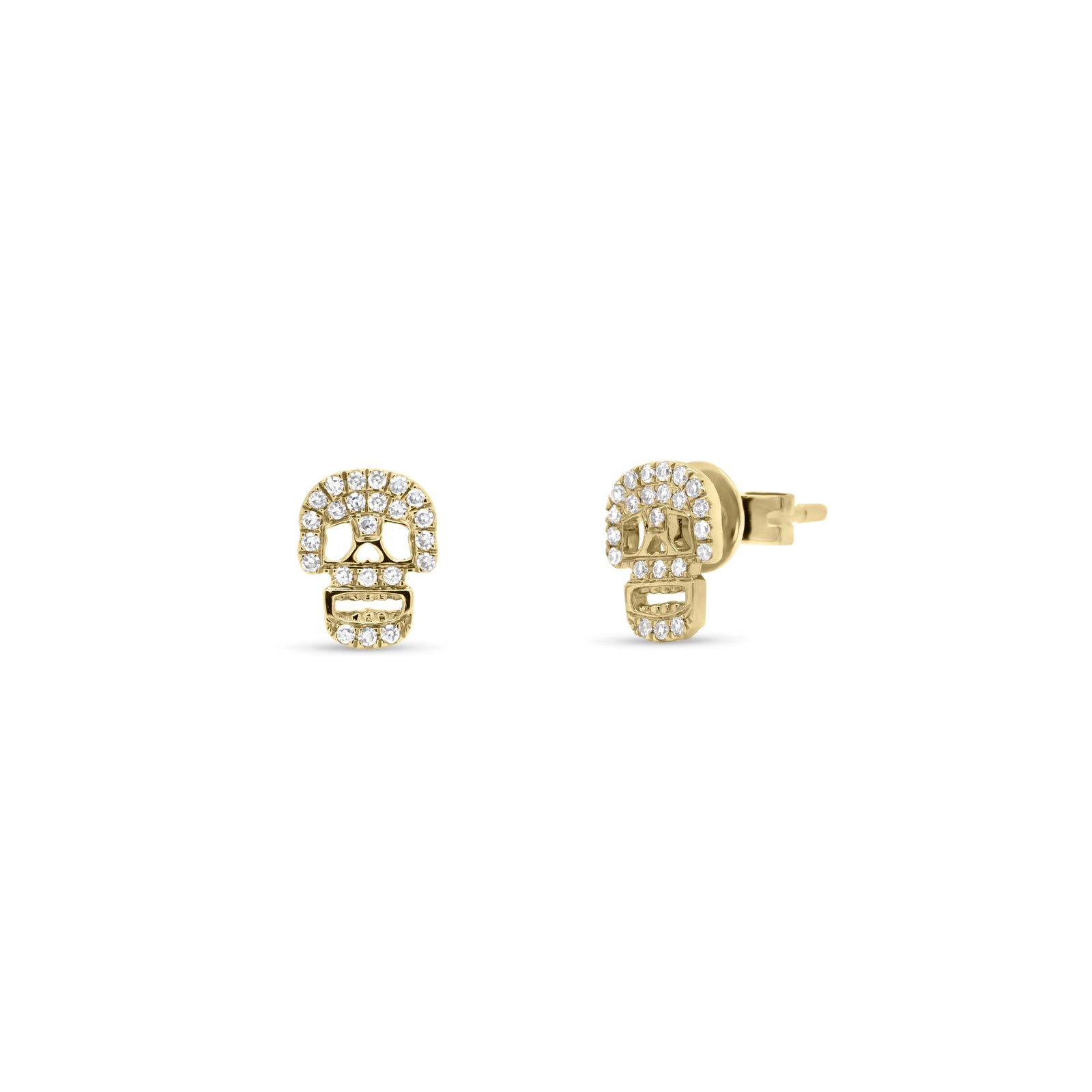 Diamond Skull Cutout Stud Earrings - 14K gold weighing 1.36 grams - 46 round diamonds weighing 0.12 carats
