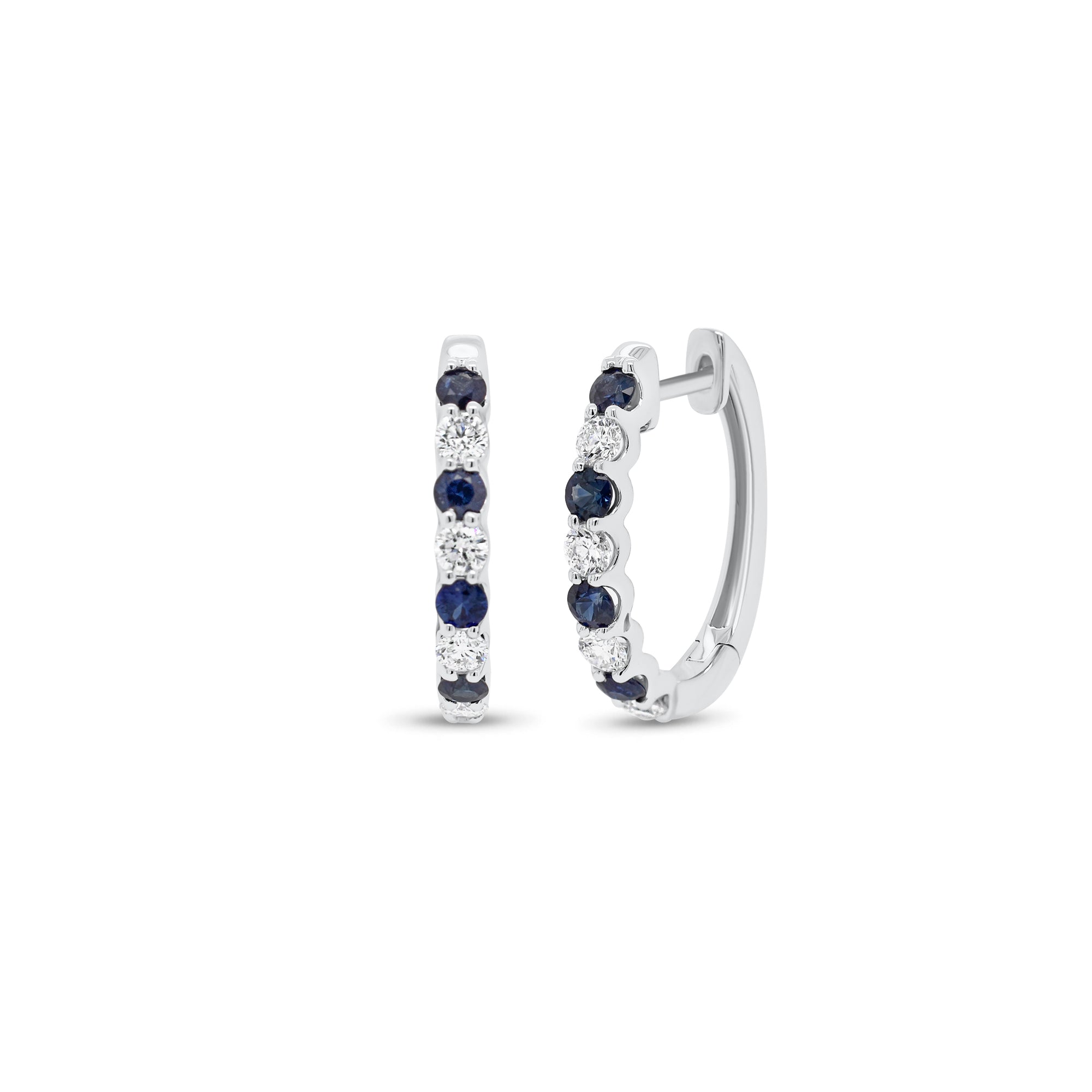 Sapphire & Diamond Huggie Earrings - 18K gold weighing 2.84 grams  - 8 round diamonds weighing 0.37 carats  - 8 sapphires weighing 0.43 carats
