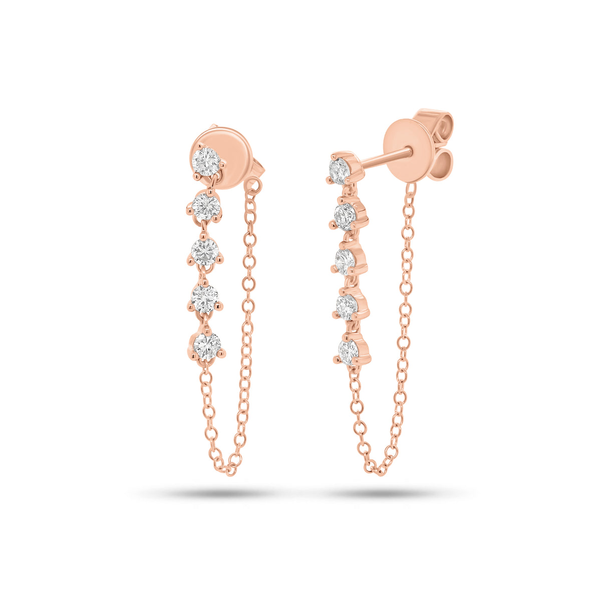 Multi-Diamond Chain Stud Earrings - 14K gold weighing 1.49 grams - 10 round diamonds weighing 0.40 carats