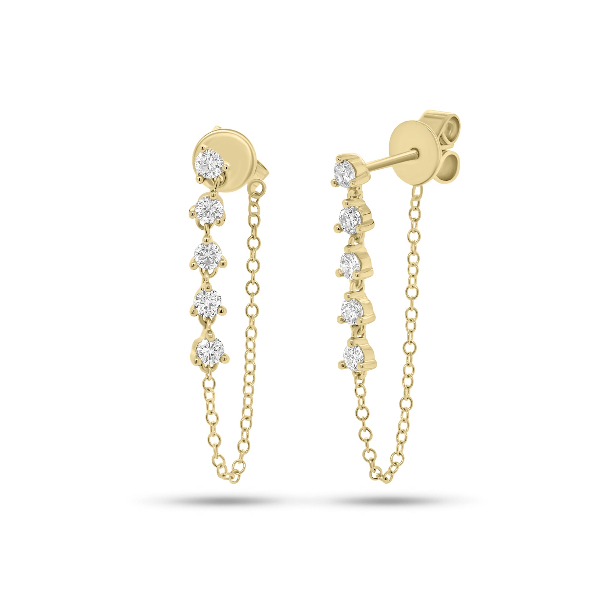 Multi-Diamond Chain Stud Earrings - 14K gold weighing 1.49 grams  - 10 round diamonds weighing 0.40 carats