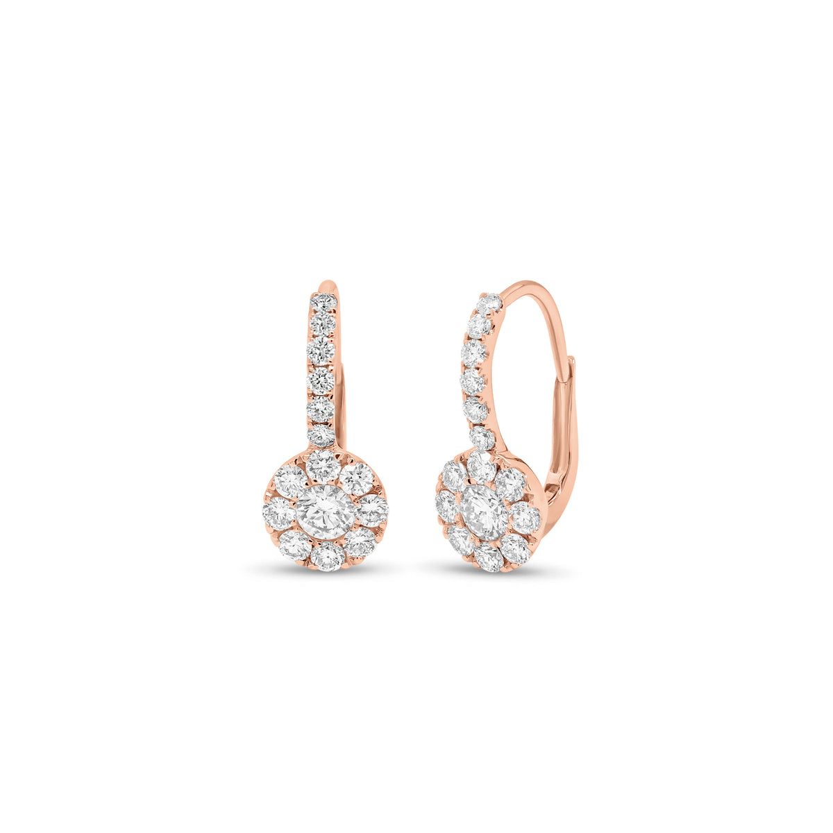Diamond Halo Drop Lever-Back Earrings - 18K gold weighing 2.03 grams - 30 round diamonds weighing 0.87 carats