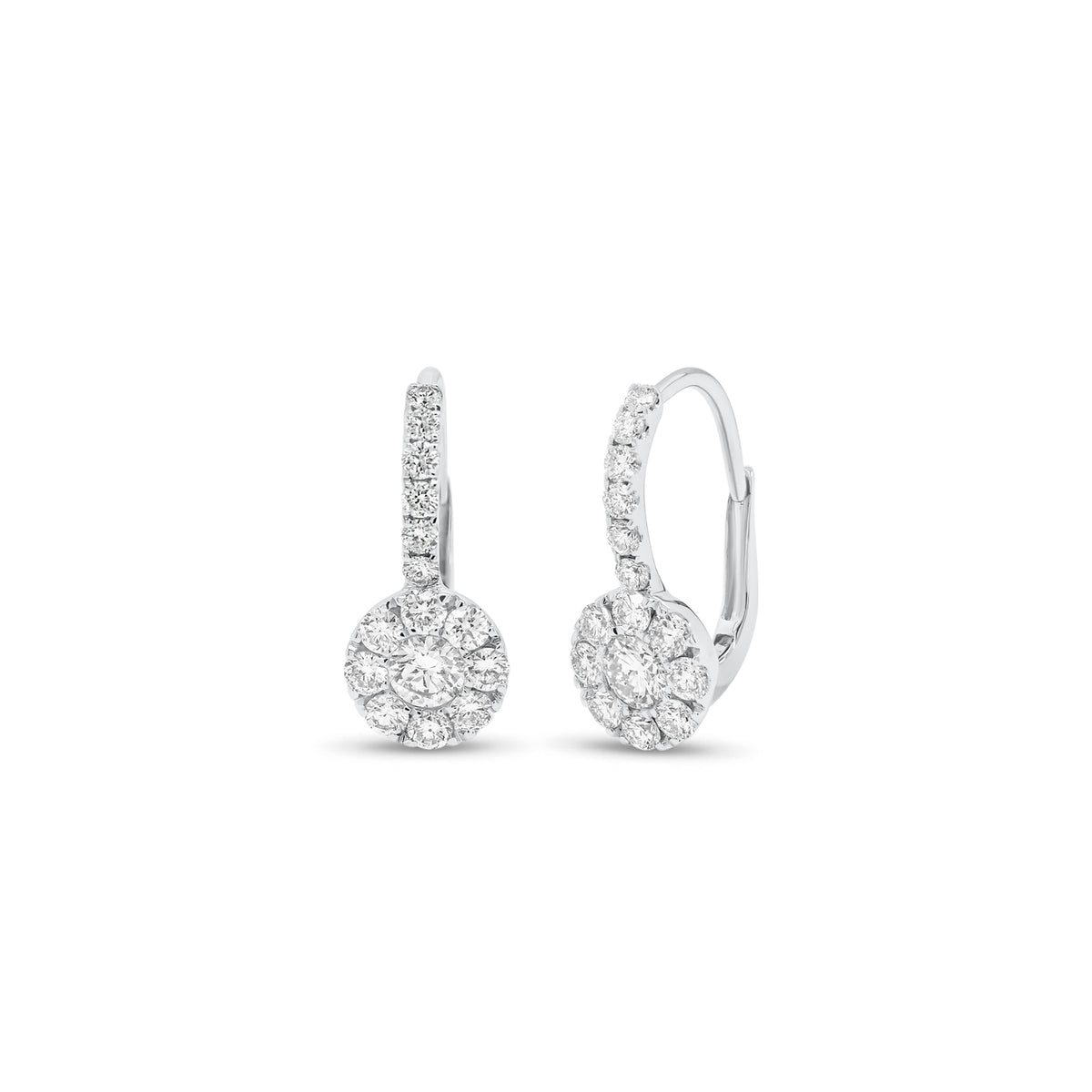 Diamond Halo Drop Lever-Back Earrings - 18K gold weighing 2.03 grams  - 30 round diamonds weighing 0.87 carats