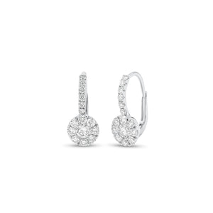 Diamond Halo Drop Lever-Back Earrings - 18K gold weighing 2.03 grams  - 30 round diamonds weighing 0.87 carats