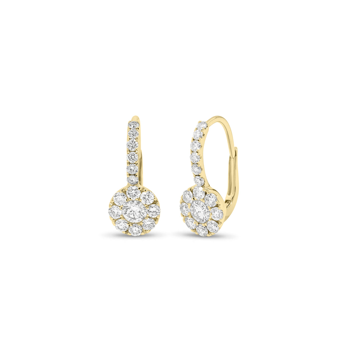 Diamond Halo Drop Lever-Back Earrings - 18K gold weighing 2.03 grams - 30 round diamonds weighing 0.87 carats